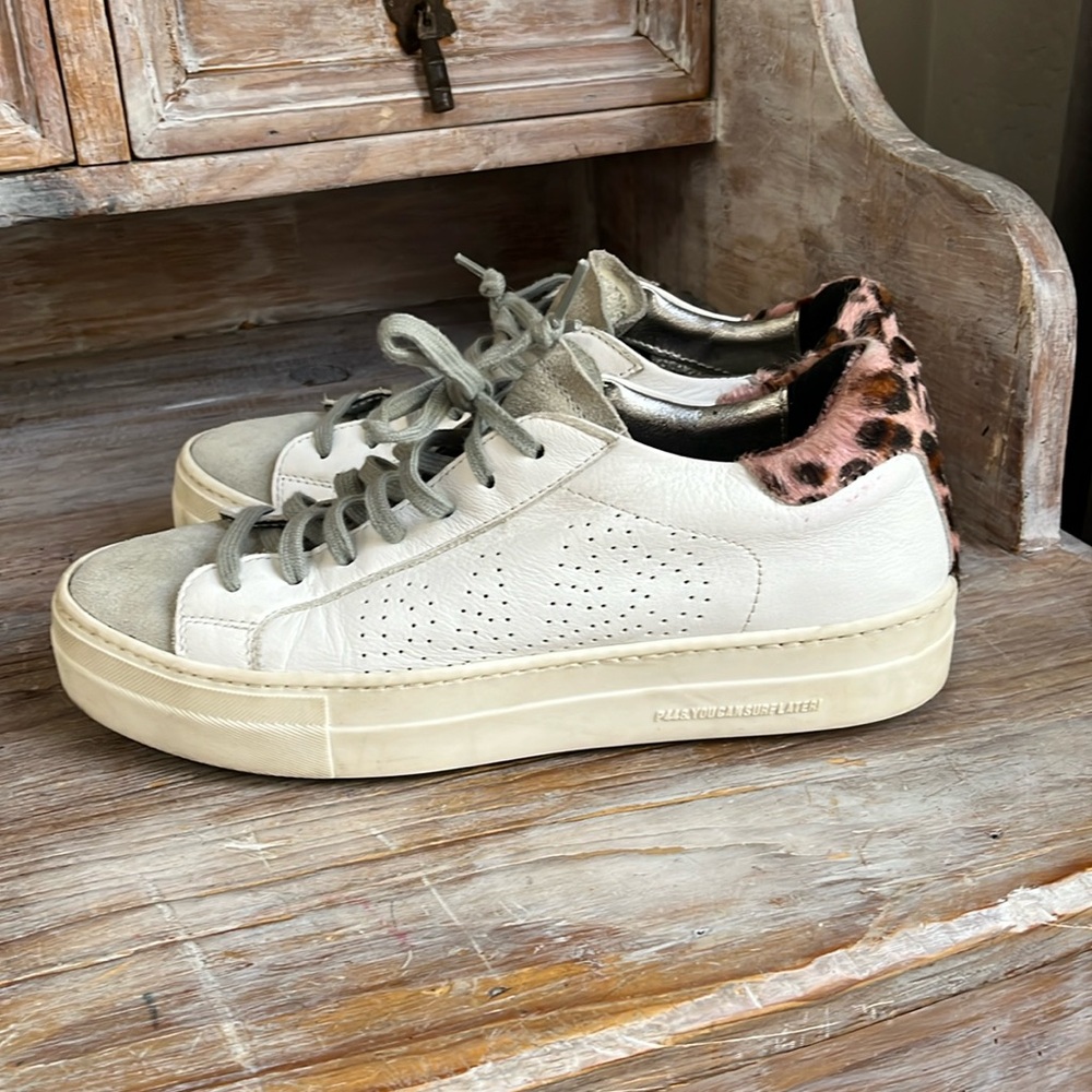 🤍 P448 White Leather Leopard Sneakers Size 39 Suede Toe Platform - Picture 2 of 12